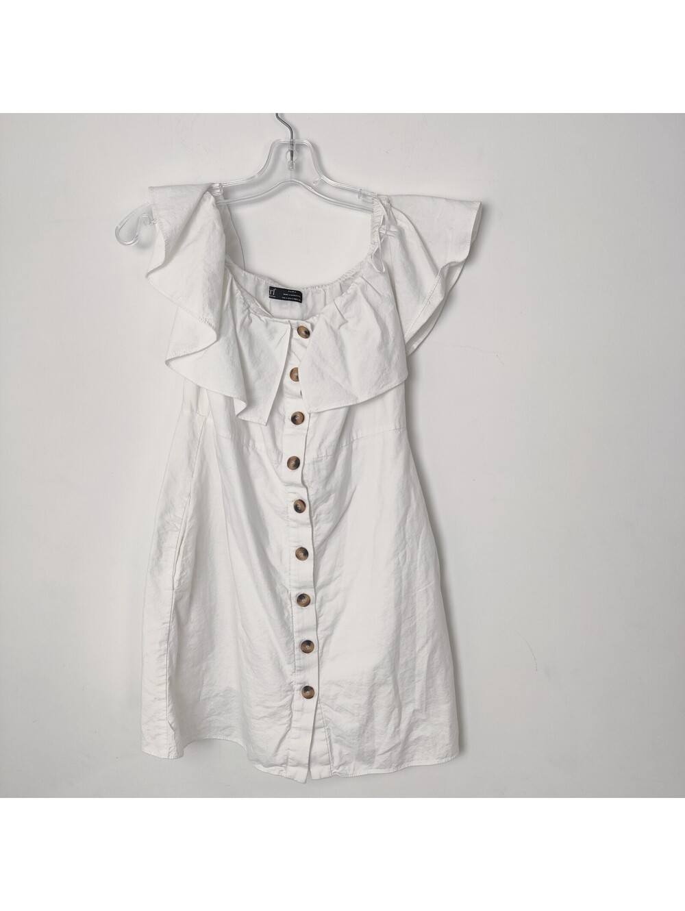 Zara TRF White 100% Cotton Ruffle Off Shoulder Button Front Mini Dress Small